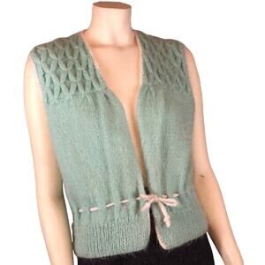 Vintage Hand knit open front green vest size medium